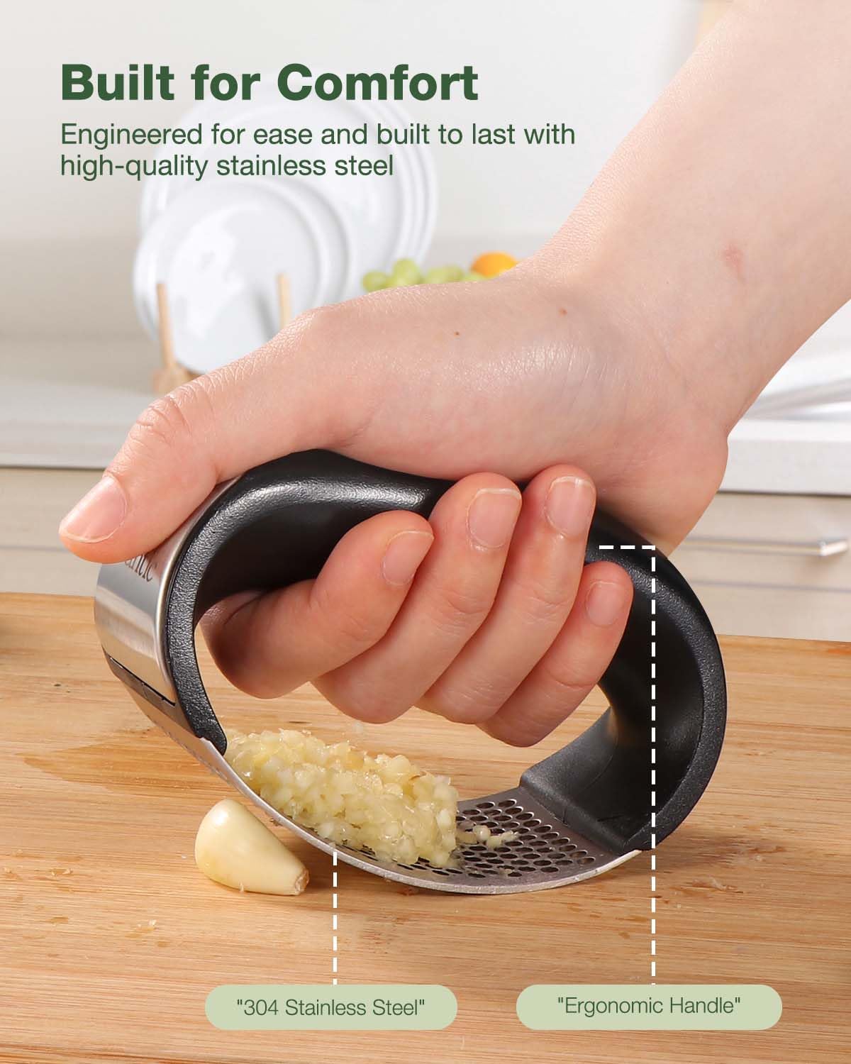 Stainless Steel Garlic Crusher Ergonomic Handle - product feature